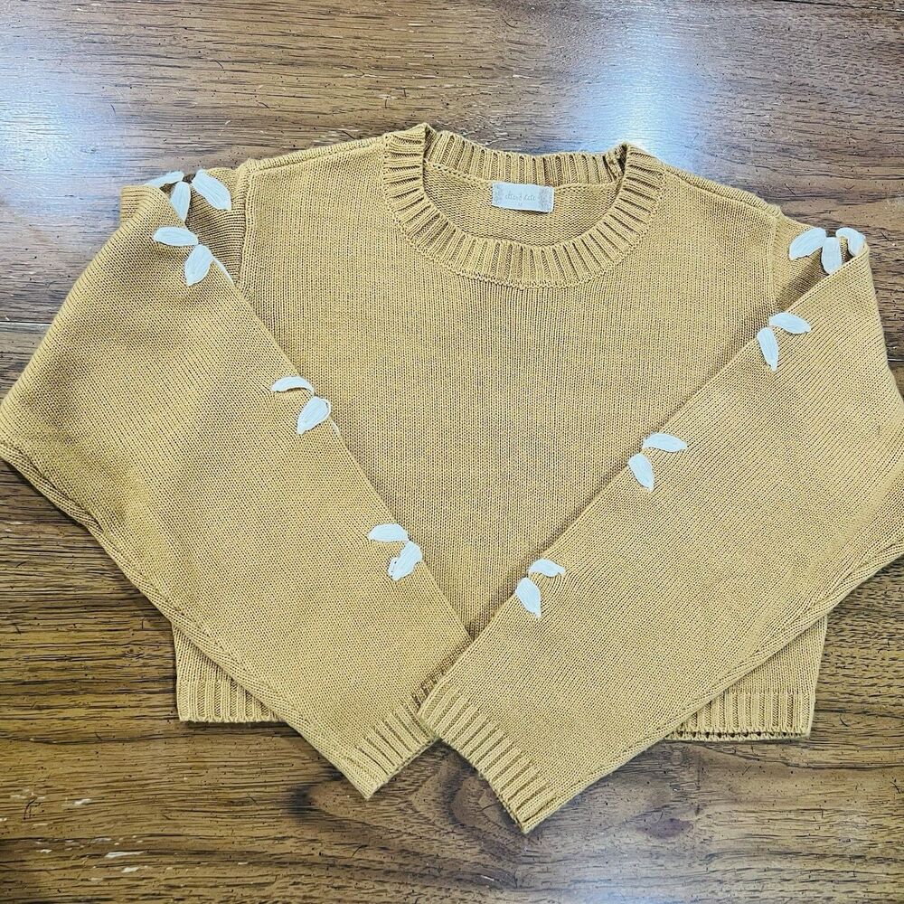 Altar'd State Mustard Yellow Floral Embroidered Sleeve Knit Cropped Sweate